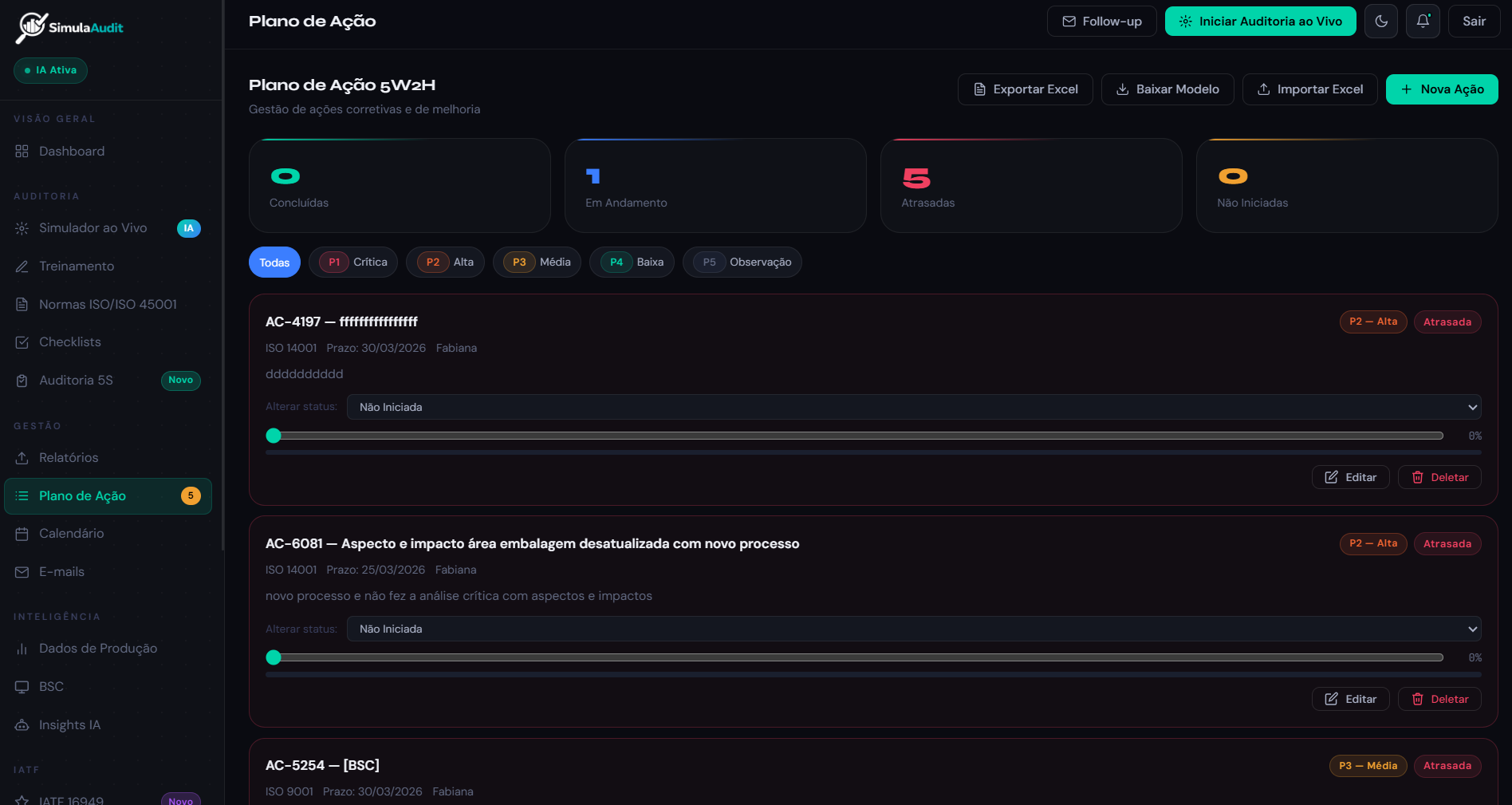 Plano de ação 5W2H gerado automaticamente pelo SimulaAudit